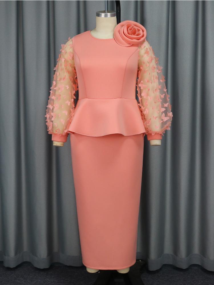 Elegantes Paket Hüftkleid O-Ausschnitt 3D-Blumen-Patchwork Florales Netz Puffärmel Schößchen Kirchenveranstaltung Party Stilvolle Abendanlässe