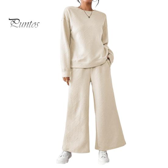 2 Pcs/Set Women Top Pants Suit Round Neck Long Sleeves Textured Solid Color Sweatshirt Elastic Waist Wide Leg Trousers Daily Wear Sport Outfit Fall
