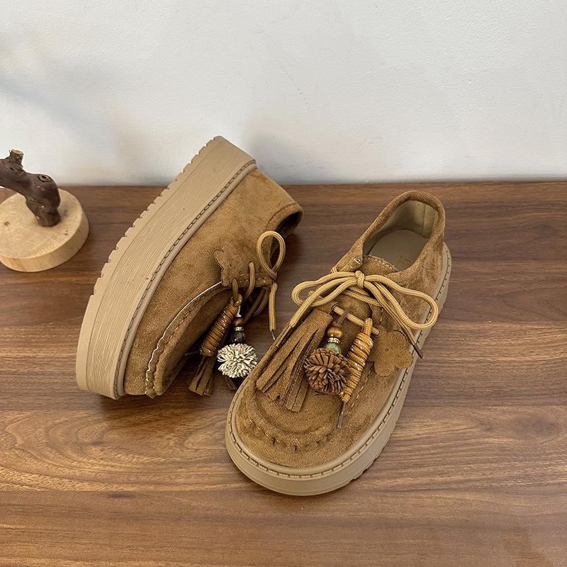 2025 retro round head lace-up women's shoes British style platform versatile small fringed loafers women's single shoes trend