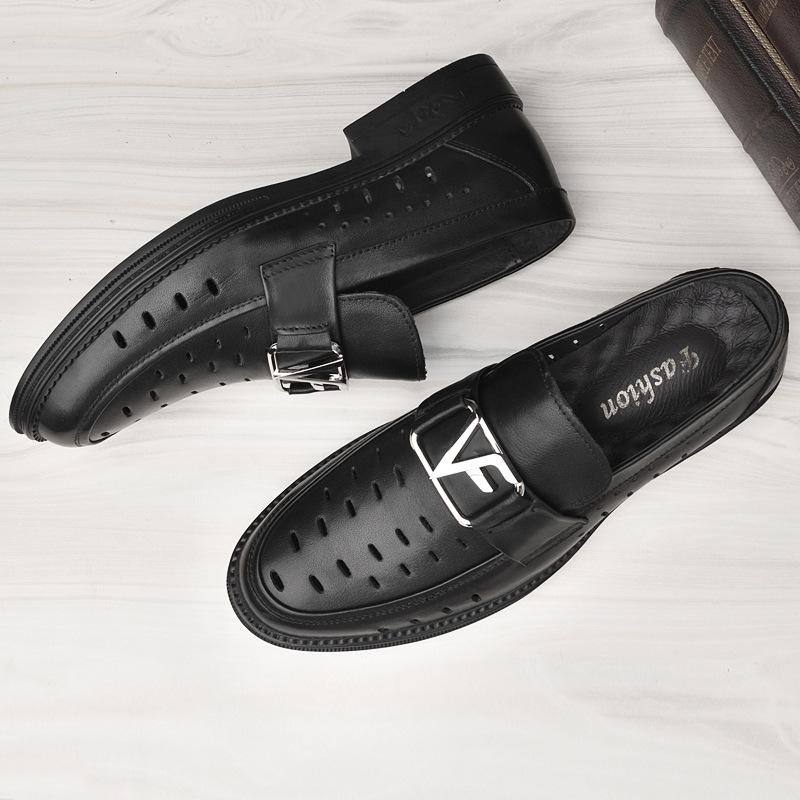 

Мужская обувь 2025 года, летние ретро-туфли в британском стиле, мужские полые кожаные туфли небольшого размера, дышащие и удобные, повседневные туфли с одной педалью для вождения 38 чёрный