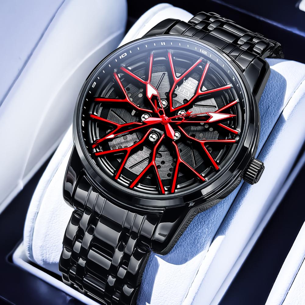 OLEVS Wheel Hub Dial Design Man Wristwatch Black Stainless Steel Men Watch Waterproof High Quality Men's Military Quartz Watches