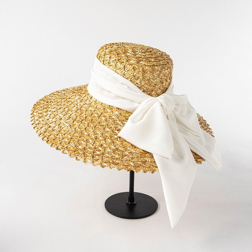 Spring Summer Fashion Hand-woven Petal Straw Hat with Big Brim and Big Bow for Ladies Beach Outdoor Sun Hat