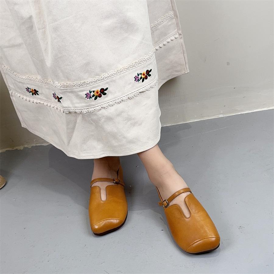 Johnature Square Toe Belt Buckle Soft Soled Shoes Genuine Leather Commuting Shallow Women's Flat Shoes