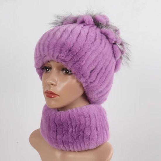 Knitted Women Warm Rex Rabbit Fur Hat Scarf Sets Winter Natural Rex Rabbit Fur Cap Scarves Russia Lady Fur Hats Muffler 2 Pieces