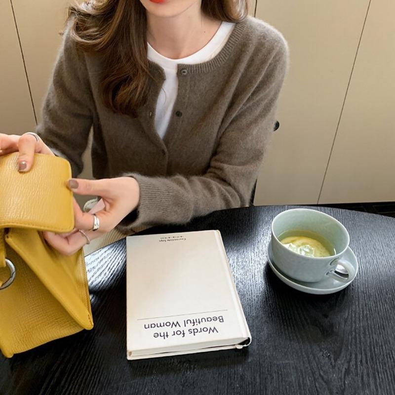 Spring Autumn New Round Neck Knitted Sweater Women Fashion Elegant Casual Long Sleeve Loose Outer Jacket Female Solid Color Simple Coats Clothing