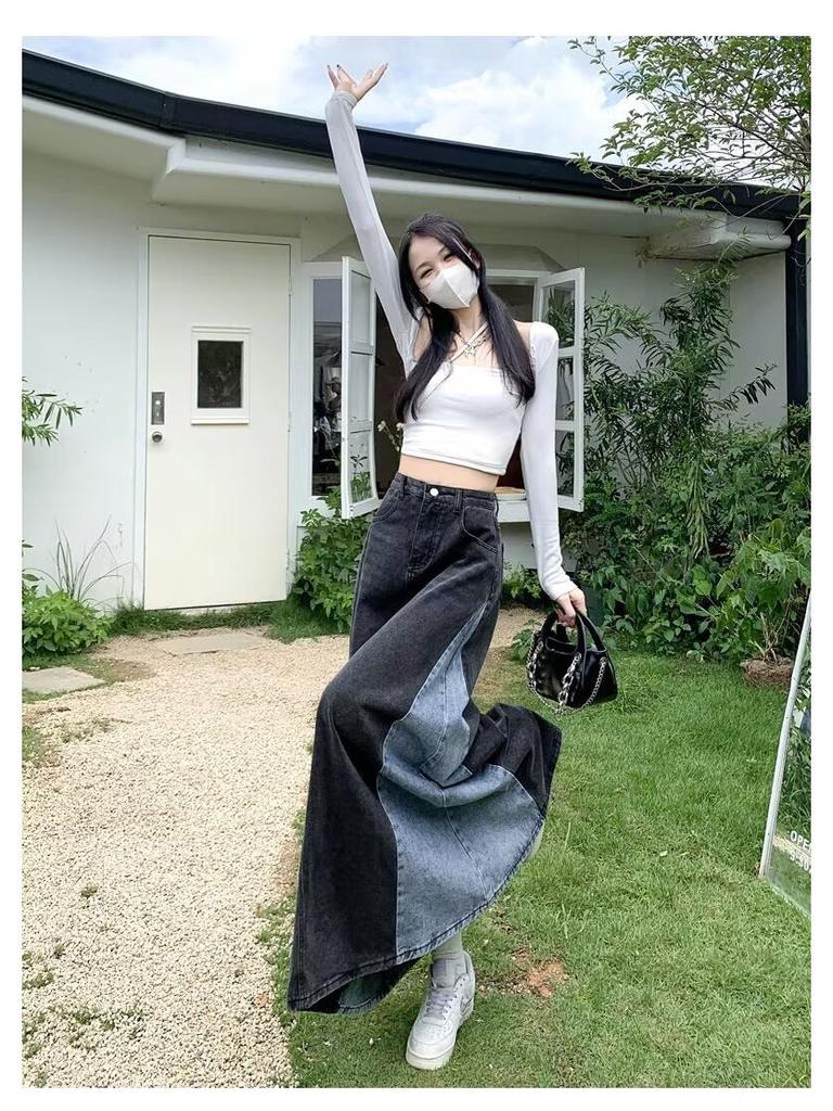 Fustă midi A-line din denim patchwork retro - Primăvara 2025 Design color block subțiere pentru femei