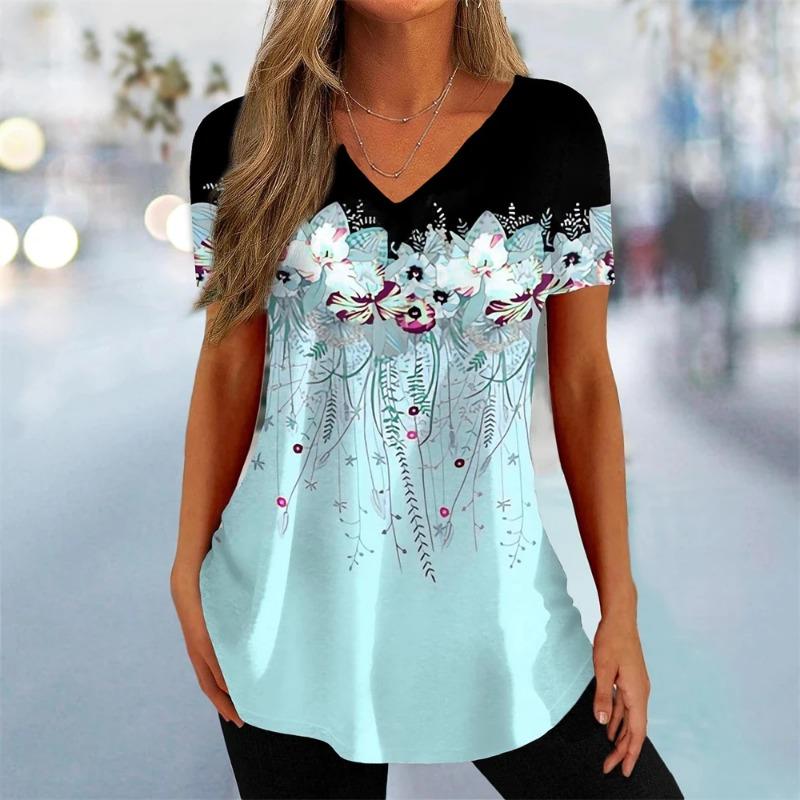 Sommer Damen T-Shirt 3D-Blume Bedruckte Kleidung Schönes V-Ausschnitt Kurzarm T-Shirt Trend Mode T-Shirt für Damen Straße