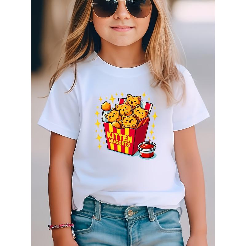 European sizes KITTEN NUGGETS Cute Cartoon Kitten Nuggets Kitten Biscuits Letter Pattern Print Girl T-Shirt 98cm