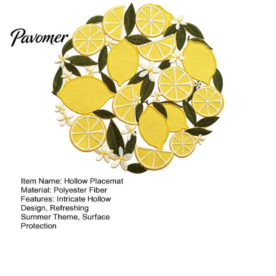 Tabletop Scratch Protector Pads Lemon Lace Placemat, Clear Embroidery Style Table Mat with Citrus Fruit Decorative Dining Placemats Leaf Design,