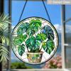 2D Flat Stained Glass Green Plant Monstera Deliciosa Window Decoration Colored Glass Plate, 7.87inches Hanging Ornament with Chain, Charming Spring