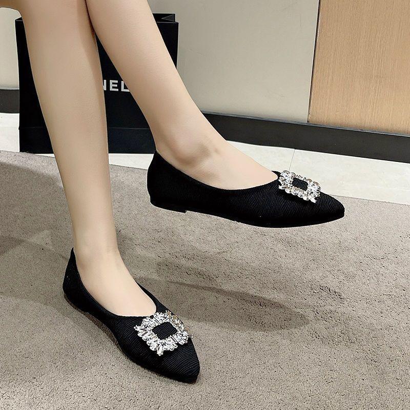 French Ladyshoes Single Shoes 2025 New Spring and Autumn Gentle Evening Pointed Shoes Flat Bottom Shallow Mouth Soft Bottom Temperament Rhinestone