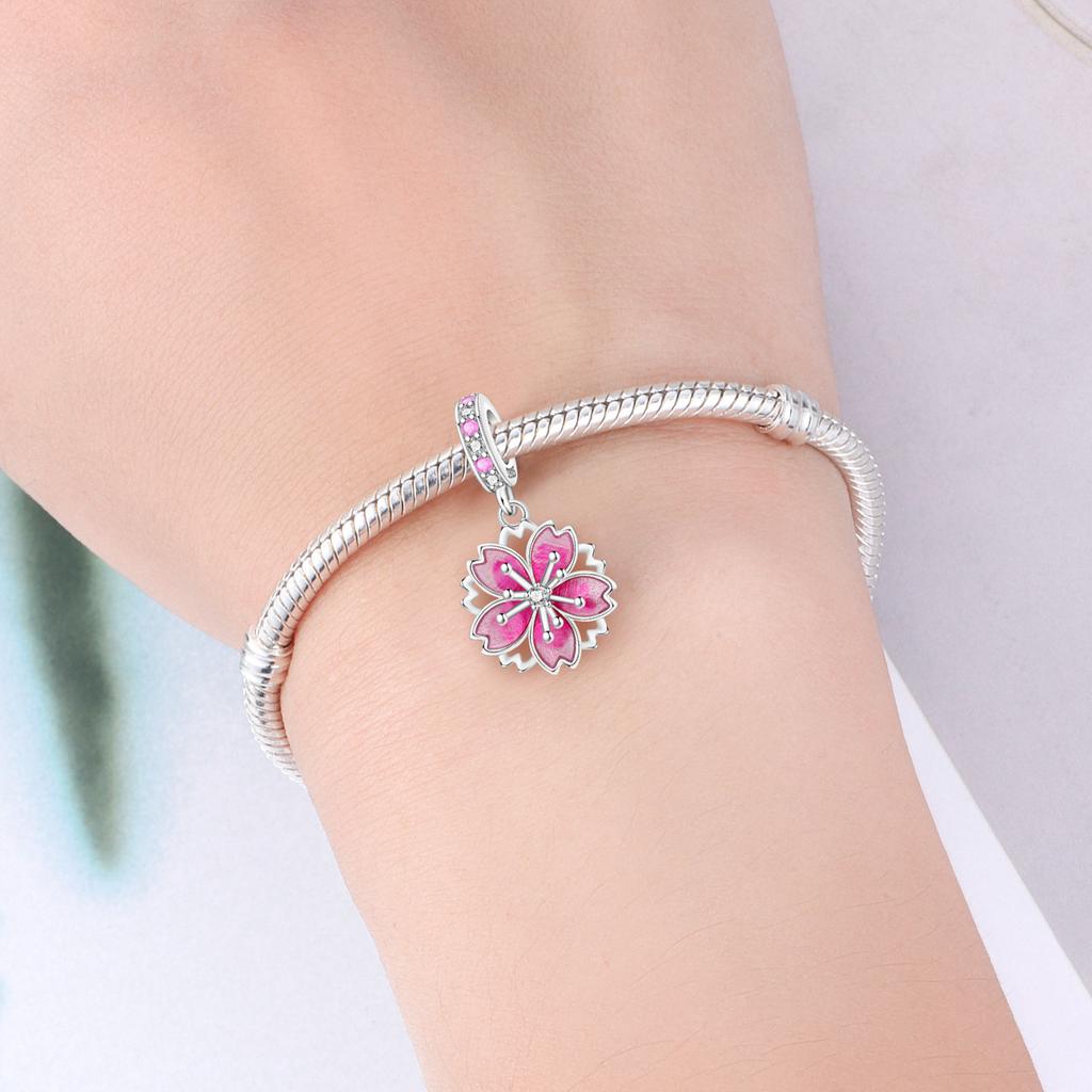 Panpoki Copper Rotating Cherry Blossom Flower Bead Genuine Pendant Bracelets Charms Jewellery Party DoItYourself Trendy Gifts