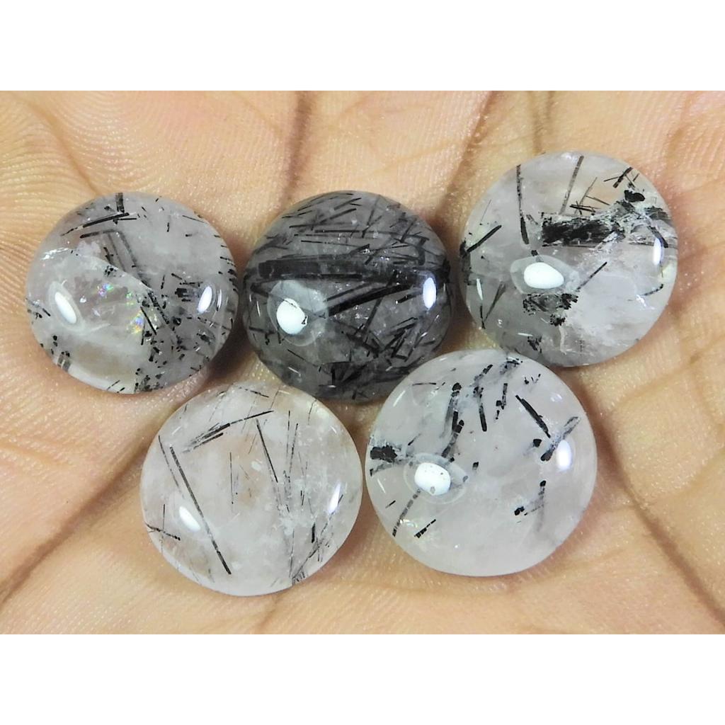 16 MM Natural Black Rutile Round Cabochon Loose Gemstone 5 Pcs Lot A-254