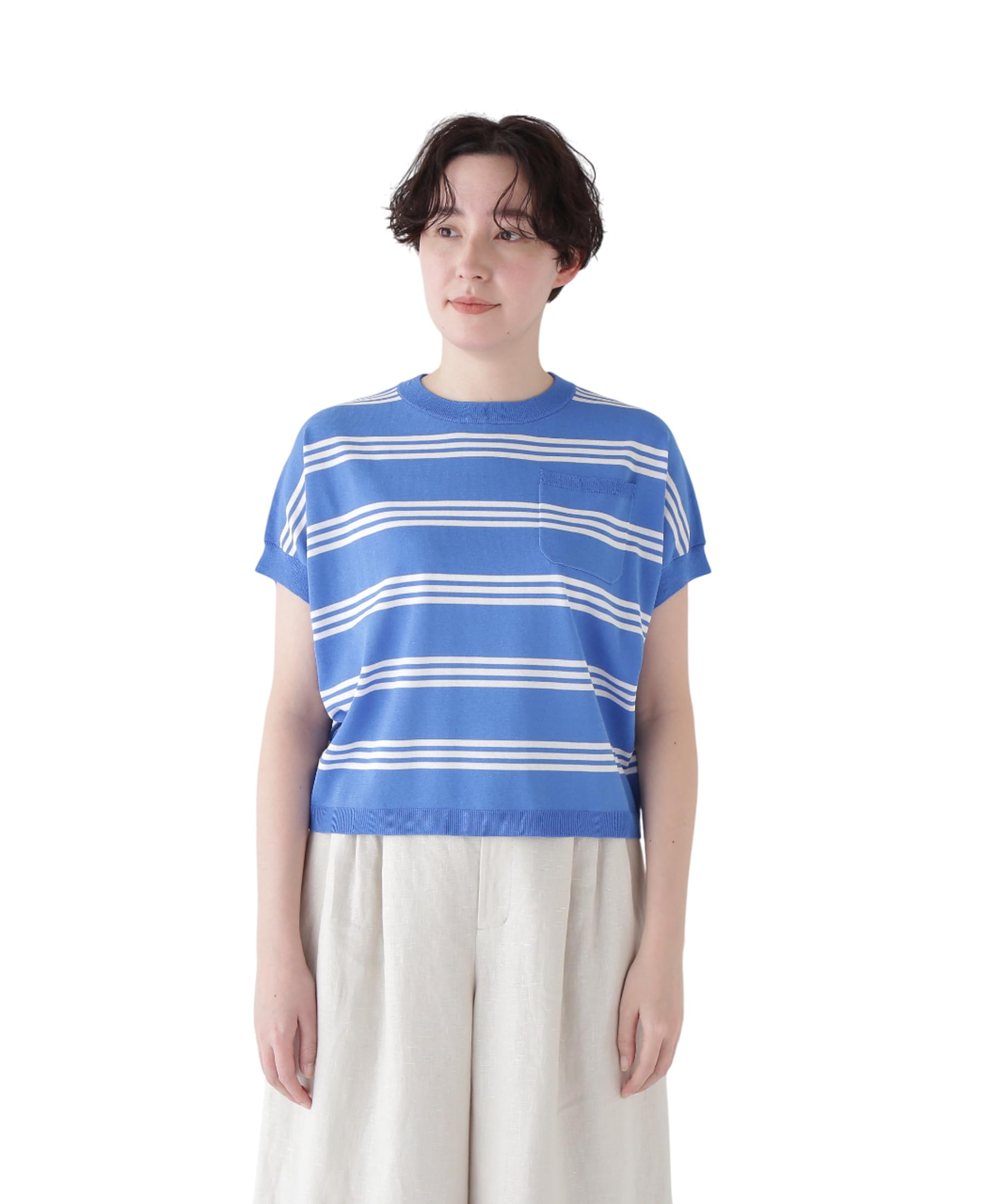 

Женский свитер с коротким рукавом и круглым вырезом x Белый (Случайная полоска) / Женский / 077-5170502 113_Синий