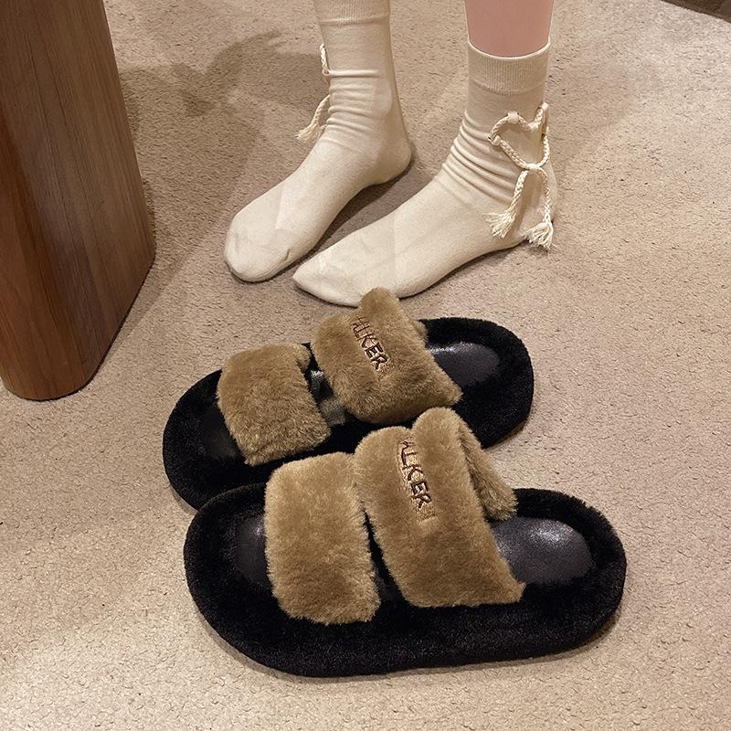 2024 English Autumn and Winter New Internet Celebrity Ins Fashion Versatile Fluffy Slippers Women Wear One Word Slippers Thick Bottom