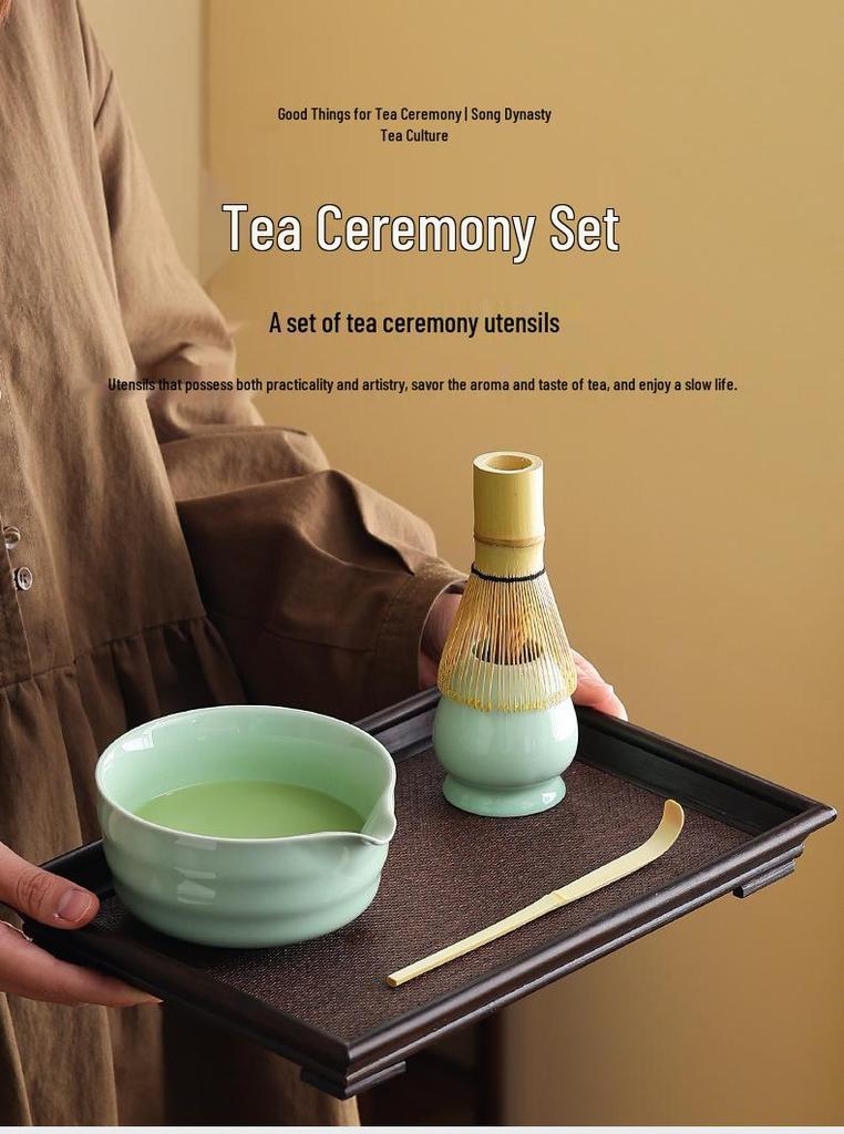 Japanese Ceramic Matcha Tool Set: Spout Bowl & Hundred-Bristle Whisk for Tea Ceremony