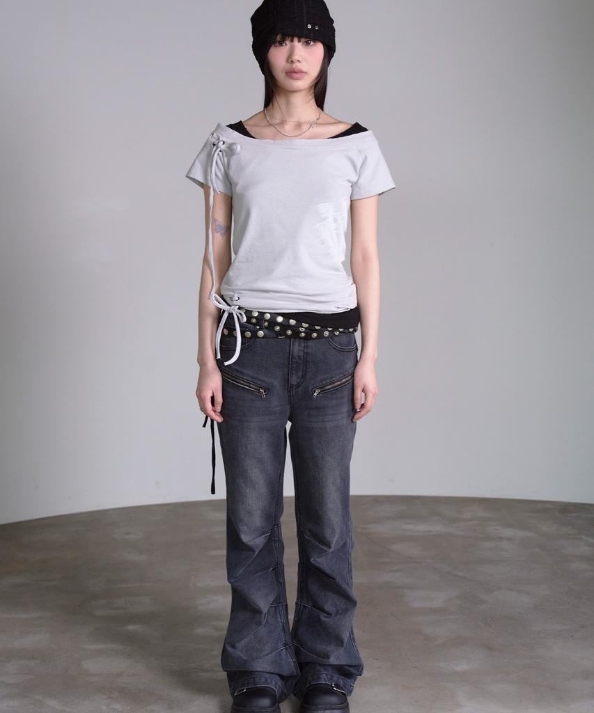 PRENDA Corset Detail One-Off-Shoulder Short Sleeve Gray