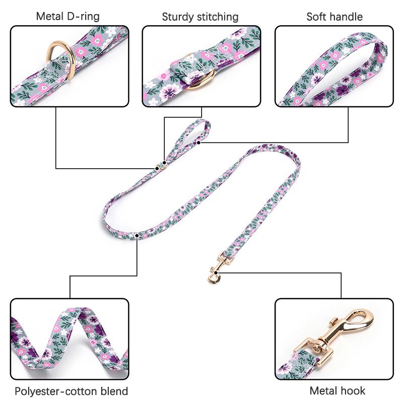 Floral Print Dog Collar and Leash Set Adjustable Soft Nylon Pet Collar with Metal Buckle Dog Lead for Daily Walking Training