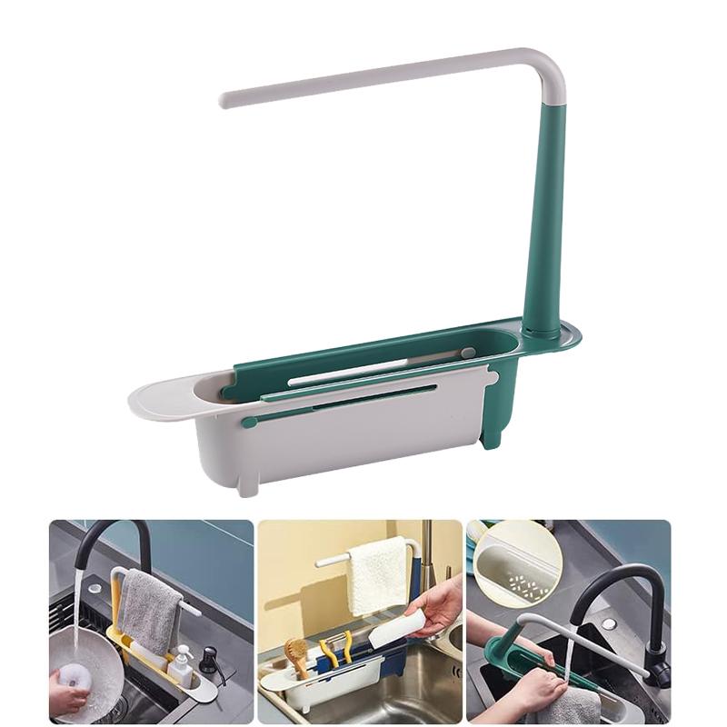 

Multifunctional Telescopic Sink Storage Rack Upgraded Adjustable Holder For Kitchen Sponge Organizer With Drainer Basket 1PC зелёный