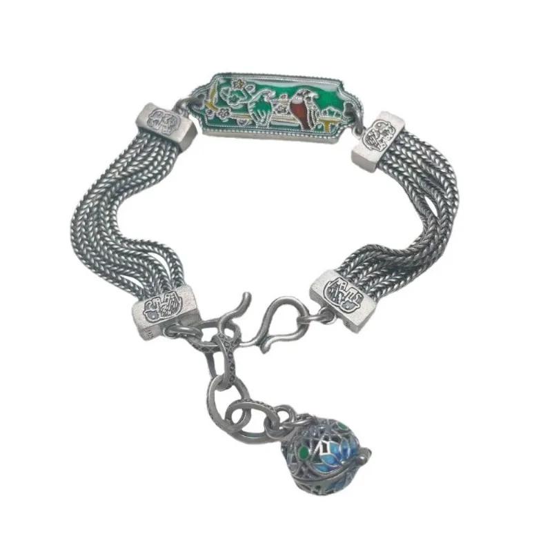 Classical Vintage Exquisite Palace Style Green Enamel Magpie Bracelet for Women Coarse Chain Bangles   Jewelry