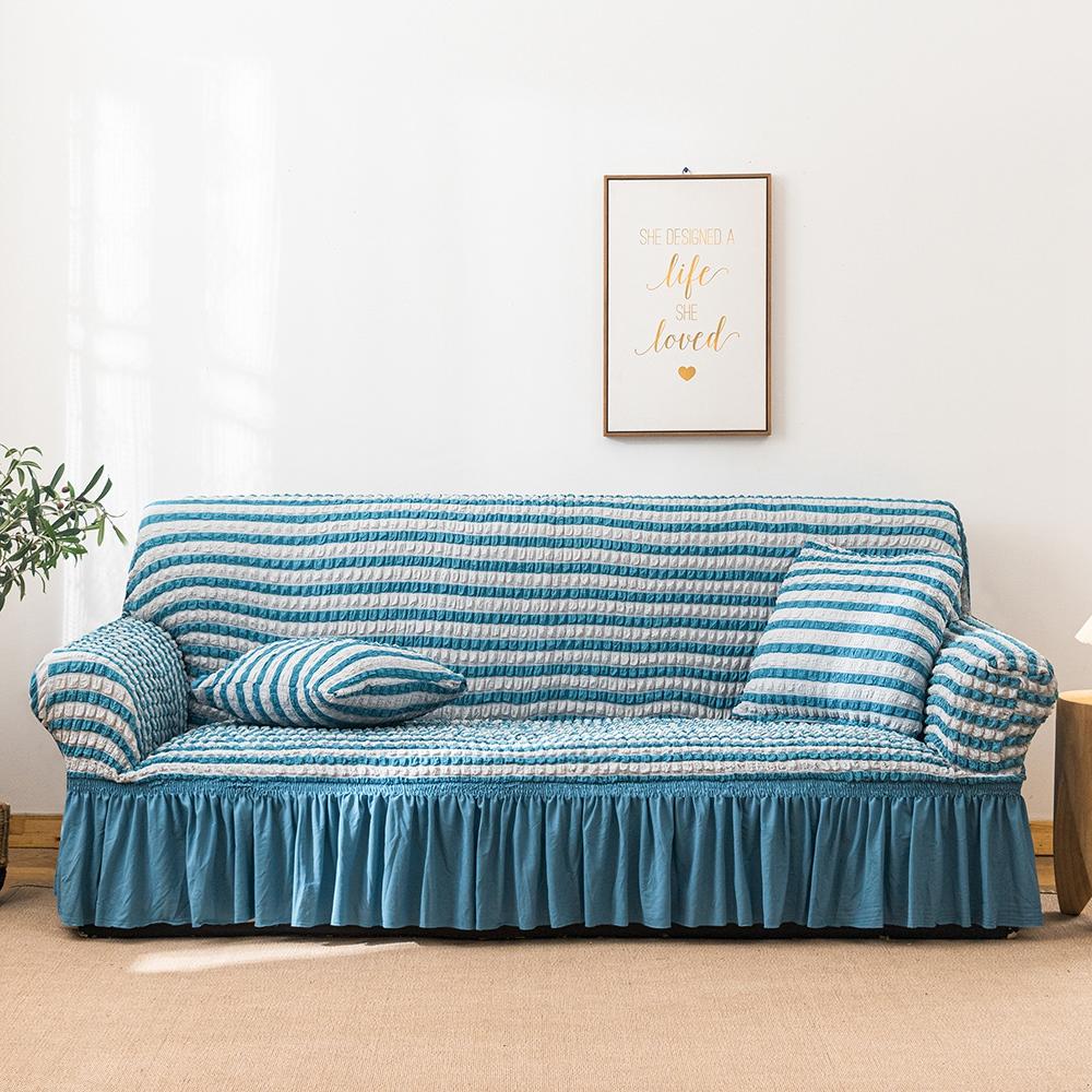 Ruffled Seersucker Sofa Furniture Cover For Den Dense Elasticized Plain Elastic Couch Furniture Covers 1/2/3/4Seat Sofa Armchair Furniture Cover