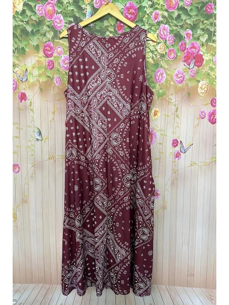 Retro Sleeveless Summer Dress with Crew Neck and Pockets – Loose Holiday Print Style