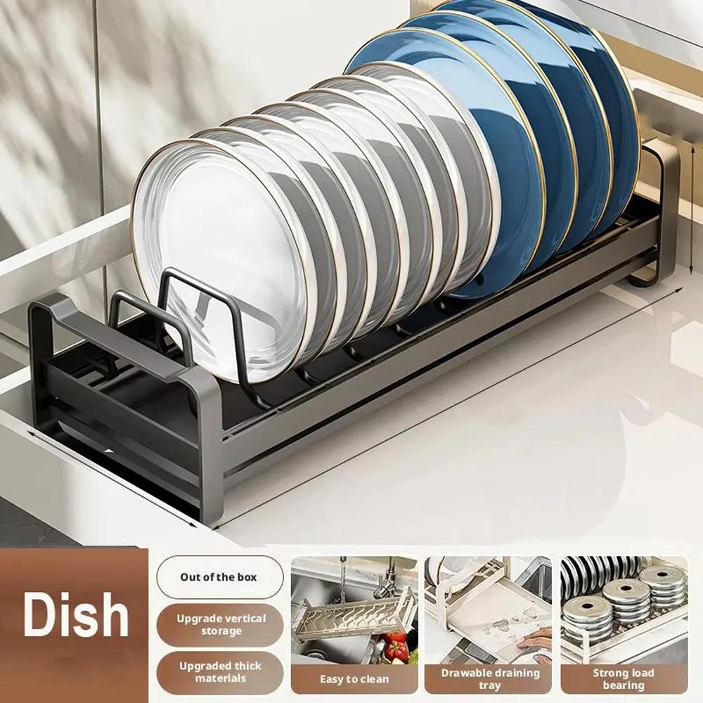 Carbon Steel Pull Out Dish Rack Built-In Space Saving Dish Storage Rack Expandable Practical Kitchen Drawer Rack Household Use