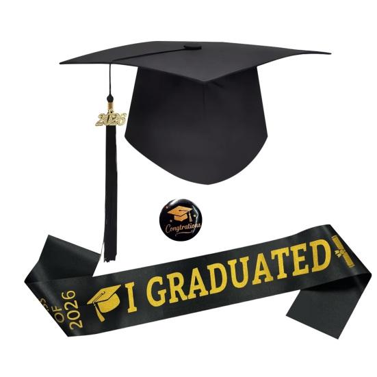 Class of 2026 Graduation Cap Set I Graduated Sash Badge Satin Stole with Matte Black Cap