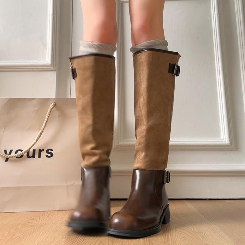 Vintage Belt Buckle Women Knight High Boots Concise Slip On Thick Heels Shoes Fashion Banquet Party Long Botas Mujer