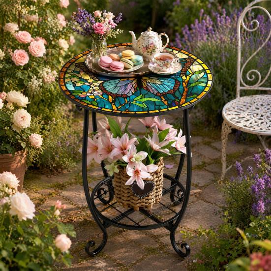 Huaqianguhh Outdoor Side Table, Round Small Mosaic Bird Butterfly Patio Accent, Indoor End Plant Coffee Tea Table for Yard Porch Garden Living