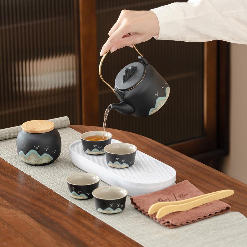 Coarse Pottery Travel Tea Set Outdoor Camping Portable Black Pottery Express Customer Cup One Pot Four Cups Storage Bag Business Gifts
