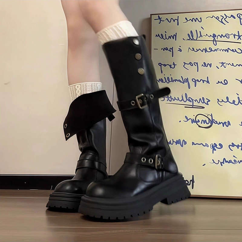 Belt buckle boots women's autumn and winter new retro Maillard heightening British platform knight boots