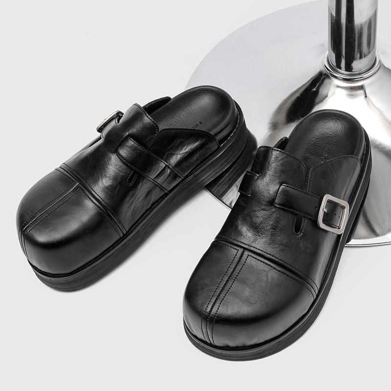 Fashion Fashion Men Half Loafers Casual Leather Slippers Punk Style Slides Breathable Mules Shoes Male Outdoor Thick Bottom Half Shoes