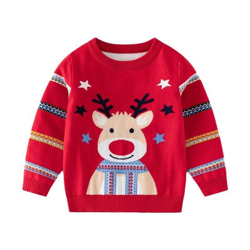 Children's Clothing Boys' Christmas Reindeer Pullover Sweater Autumn and Winter Kidsren's Striped Sleeve Knitwear Baby Star Sweater