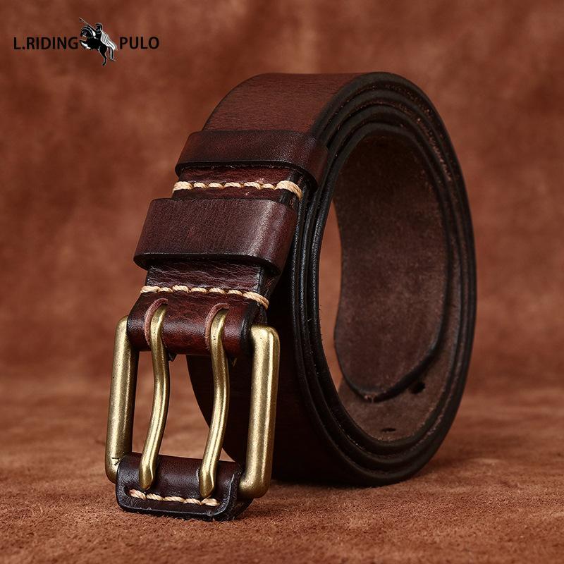 Men's Leather Belt Double Pin Buckle Top Layer Cowhide Retro Youth Copper Buckle Belt