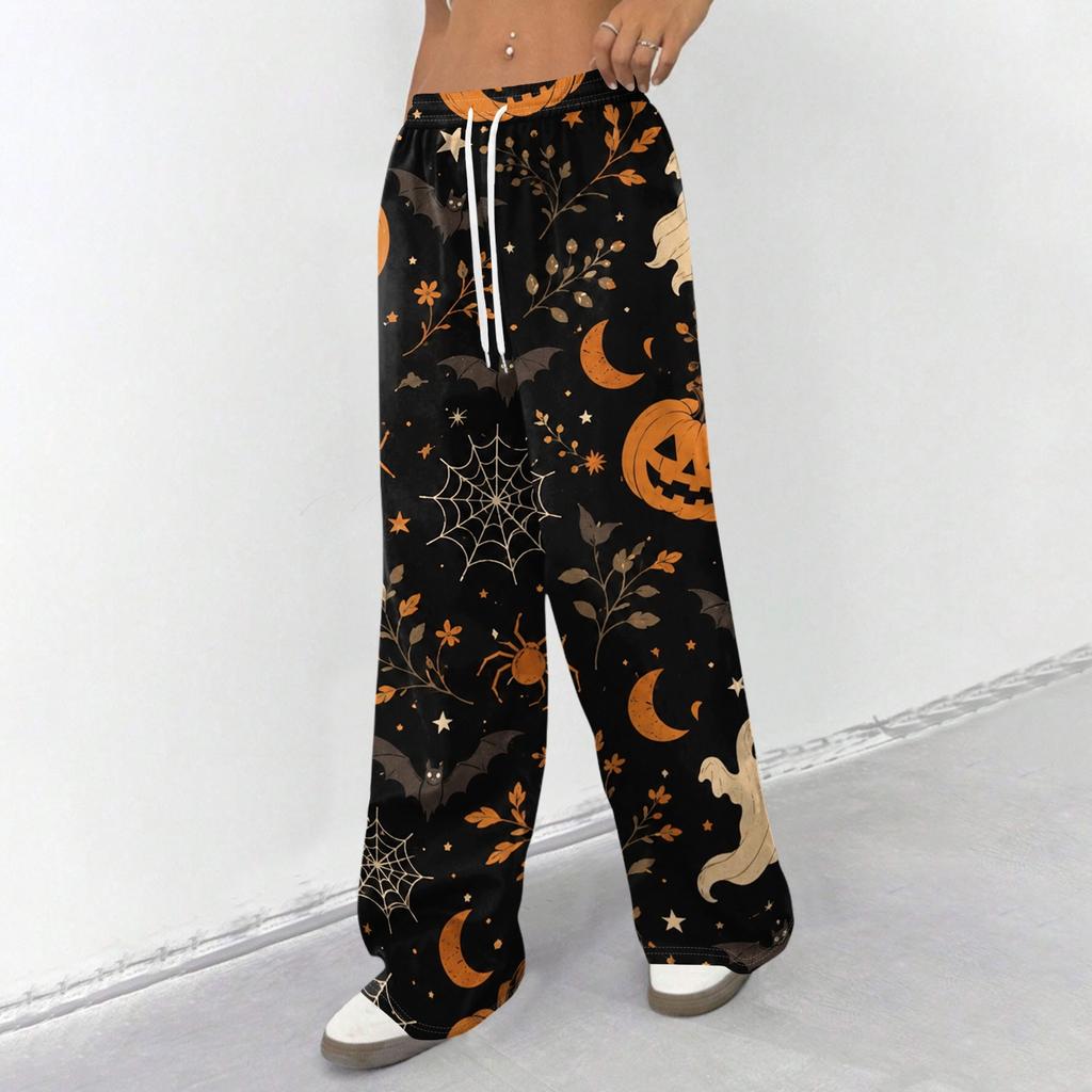 Damen Casual Locker Geschnittene Weite Hosen mit Halloween Print, Elastischer Bund mit Kordelzug für die Feierparty