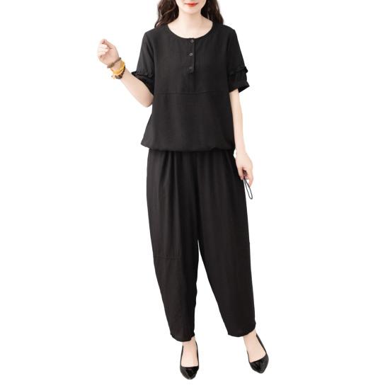 Women's Cotton Linen 2-Piece Outfit Casual Short Sleeve Crew Neck Top And Long Pants