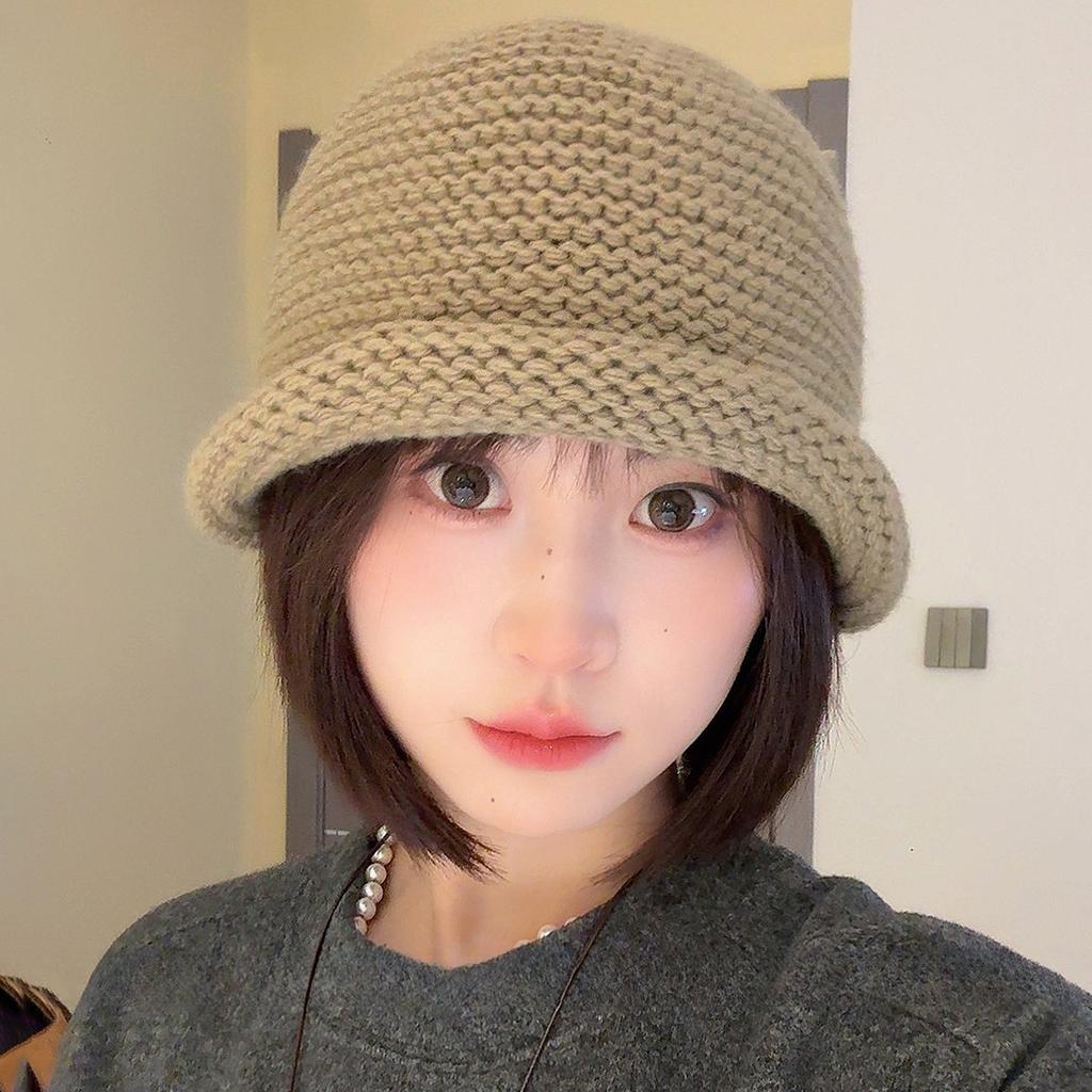Thick Knitted Curled Edge Fisherman Hat Women's Autumn and Winter Wool Blend Plain Woolen Hat Warm Ear Protection Cold Hat