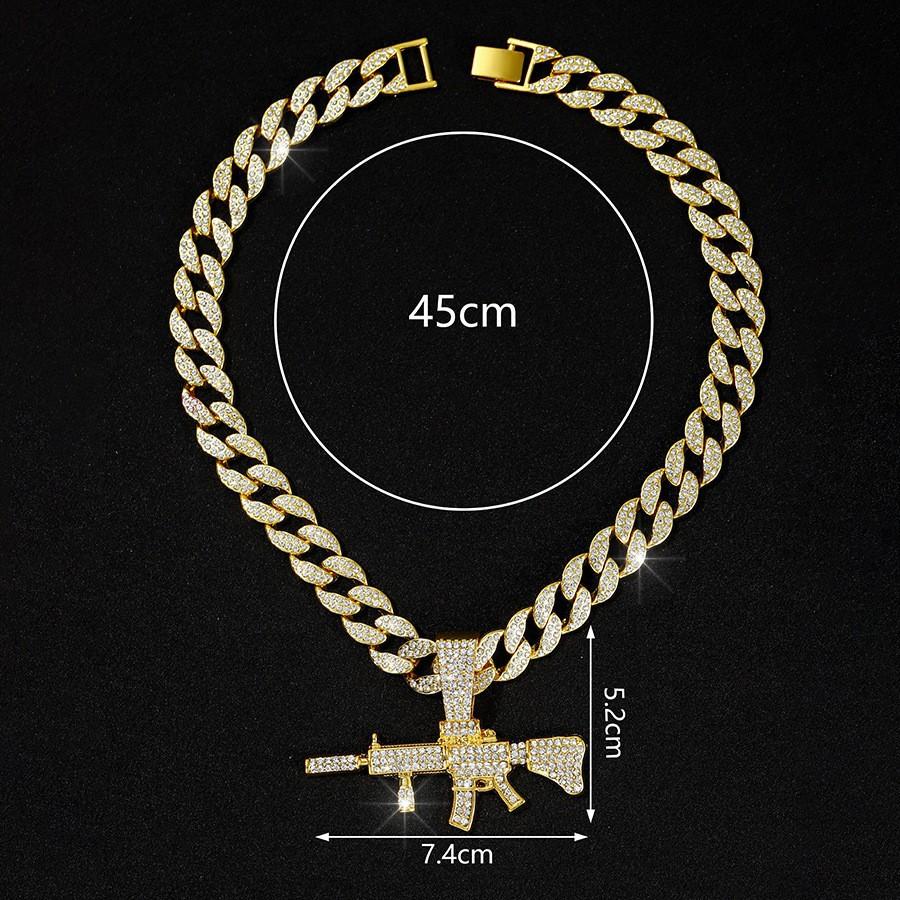 Exaggerated Punk Full Diamond Long Gun Pendant Personalized Street Dance Wear Cuban Chain Nightclub Alloy Gun Necklace