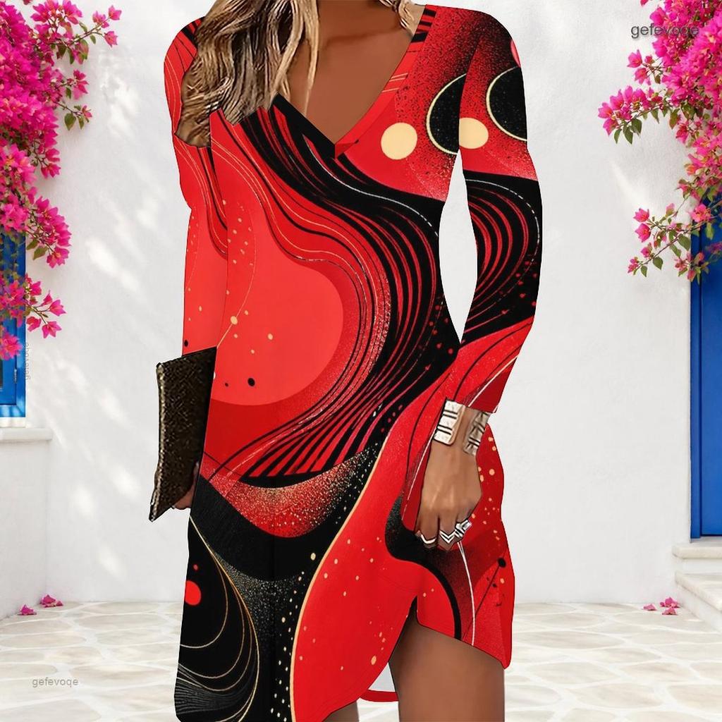 Women Plus Size V Neck Long Sleeve Abstract Swirl Printed A Line Dress