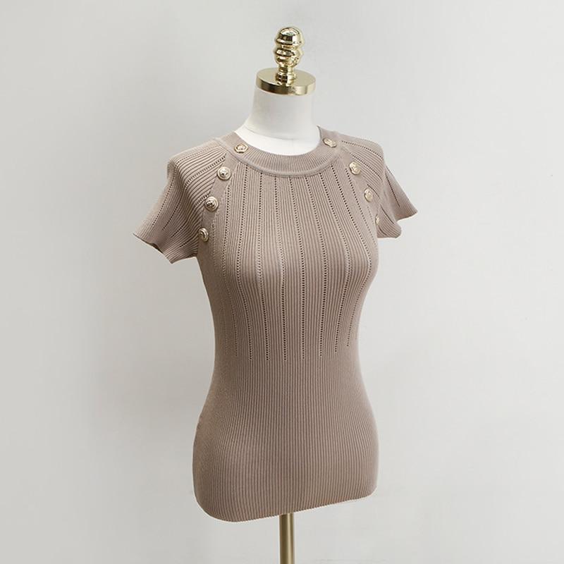 

Летняя вязаная футболка из ледяного шелка, женская модная элегантная однотонная футболка с коротким рукавом, тонкие женские футболки, женские футболки 27943 One Size хаки