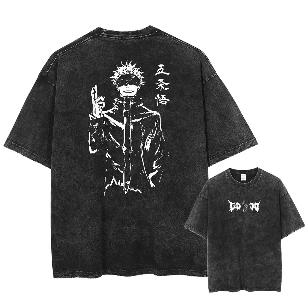 Japan Anime Jujutsu Kaisen Gojo Satoru Print Washed Tshirt Men Pure Cotton Tshirts Manga Casual T Shirt Harajuku Top Streetwear