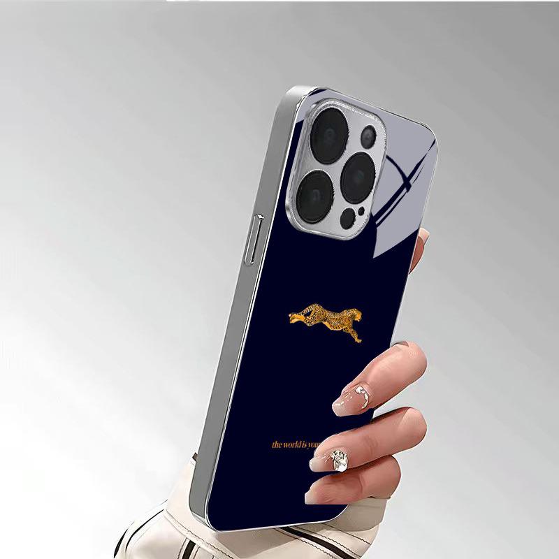 Cool Leopard Pattern Electroplated Silver Phone Case For Samsung Galaxy S25 S24 S23 Ultra Plus FE Tempered Glass Cover