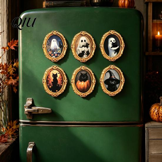 3D Refrigerator Magnet 1/6Pcs Halloween Retro Frame Magnet, Wooden Fridge Holiday Party Supplies Decoration, Memo Note Holder for Kitchen Decorations