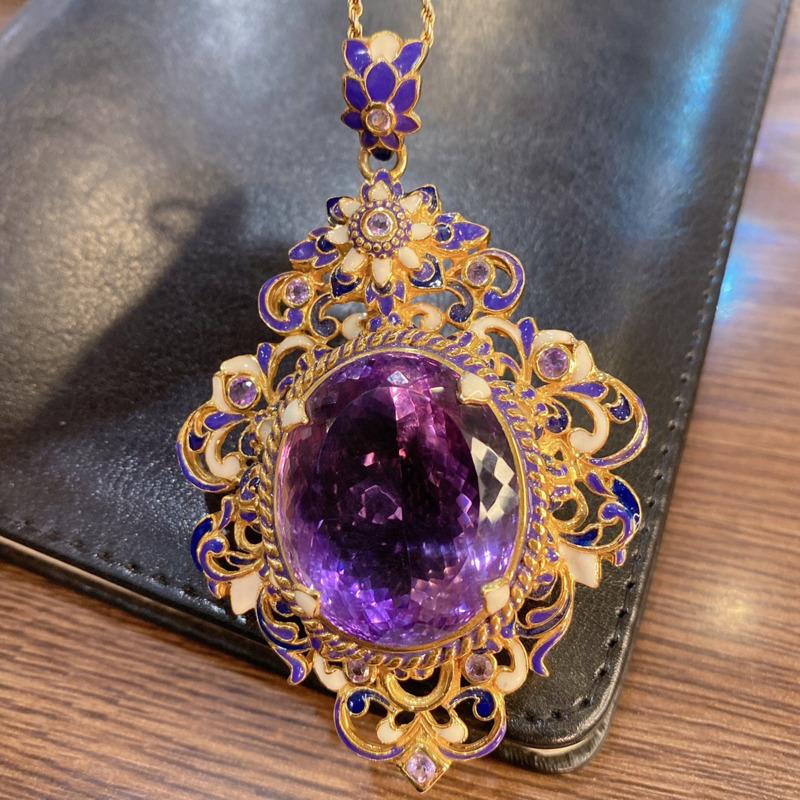 Imitation Enamel Gilded Color Italian Natural Amethyst Ring Pendant Set Palace Style Color Treasure Necklace Female