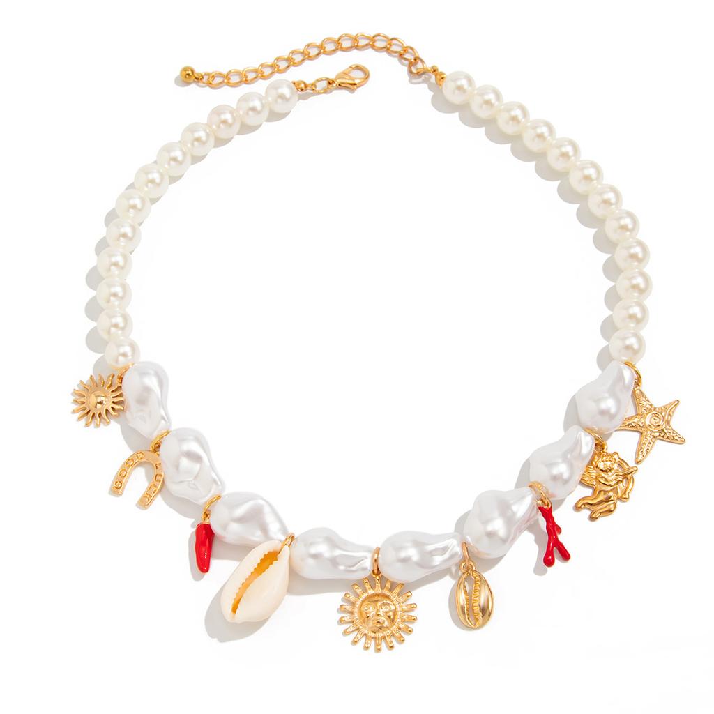 Fashion Bow Love Pendant Necklace, Baroque Imitation Pearl Shell Piece Starfish Necklace