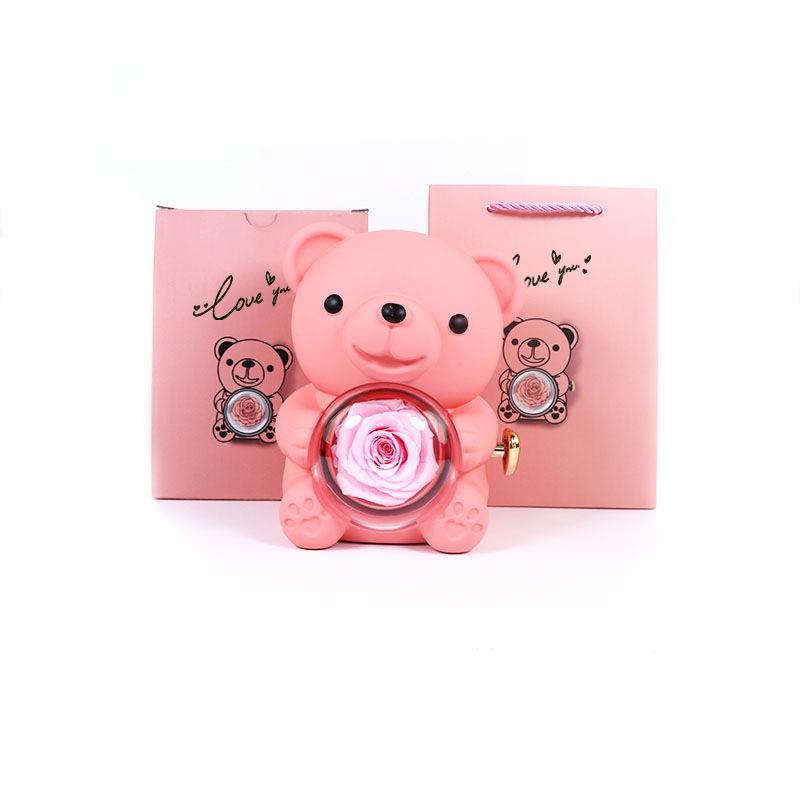 Rotating Teddy Bear Rose Jewelry Box with Preserved Flower - Charming Gift Idea for Rings and Necklaces