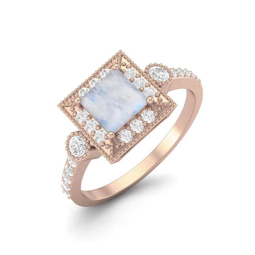 1.27 Cts Moonstone Square Shape Solitaire 925 Sterling Silver Rose Vermeil Wedding Women Ring