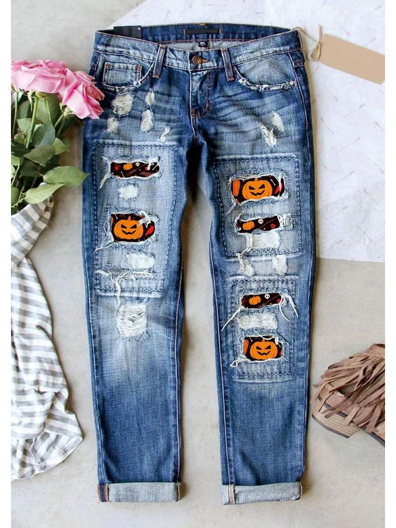 European & American Women s Ripped Printed Patchwork Jeans - Mid-Waist Straight-Leg Pants M