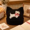 Warm Lining Cat Ear Beanie 56-58cm Puppy Pattern Earflap Hat Fleece Lined Knitted Hat  For Students